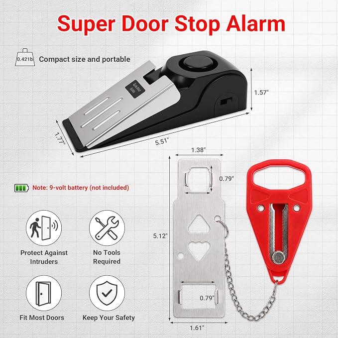 Portable Door Lock and Door Stop Alarm, Hotel Travel Security Set for Home | Hotel Safety Device for Door Security, Portable Lock for Hotel Room, Apartment, College Dorm and Travel - Image 2