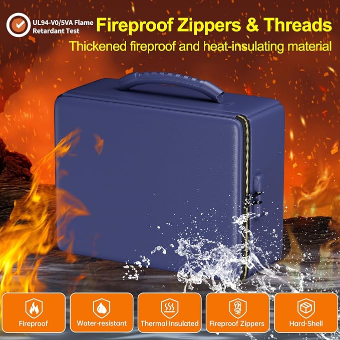ENGPOW Fireproof Document Box with Lock & Heat-Resistant Fireproof Zipper | 6400°F 12-Layer Fire Protection, Hard File Organizer with Pockets, Portable Home Chest Safe Storage for Money,Jewelry, Blue - Image 3