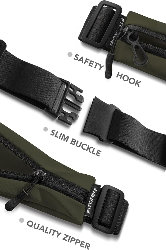 Fitgriff® Running Belt V2 for Men & Women - Slim Fanny Pack, Phone Holder for Jogging, (Fits All Cell Phones) - Money Belt, Runners Waist Pouch (Army Green, One Size (Waist 24.4 – 43.3 inches)) - Image 4