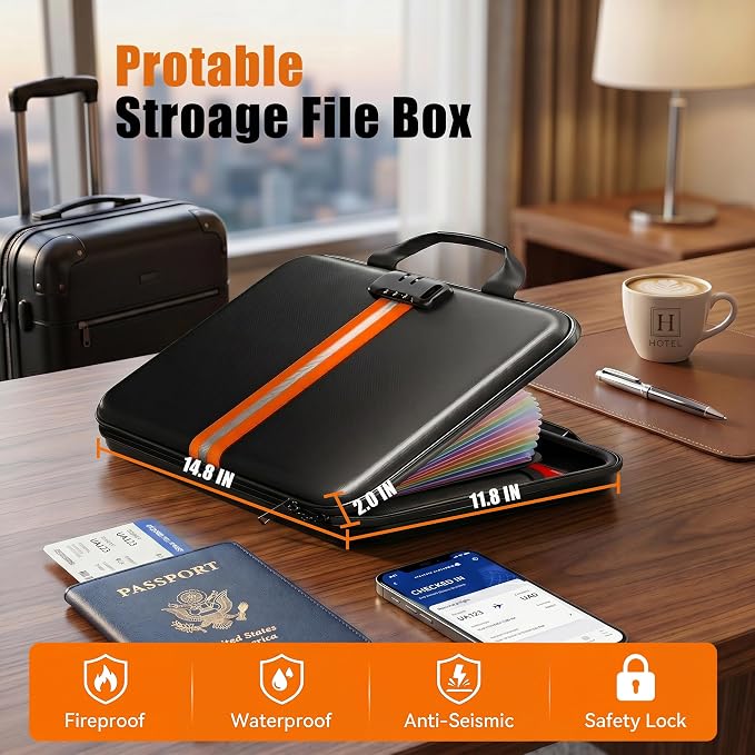 Fireproof Document Organizer with Lock, Rigid EVA File Box with 13-Pocket Accordion Folder for Important Documents & Tablets under 11", Lightweight Safe Storage for Home, Office & Travel (Small Size) - Image 6