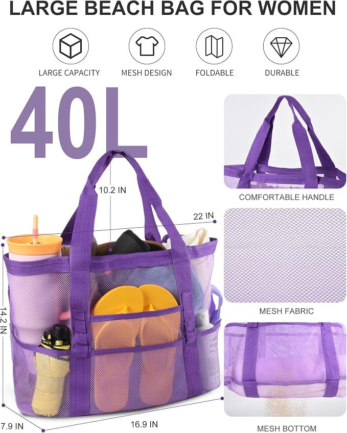 Genteen 40L Mesh Beach Bag, Foldable Sandproof Tote with Waterproof Pocket Quick Dry for Women Family Pool Vacation - Image 4