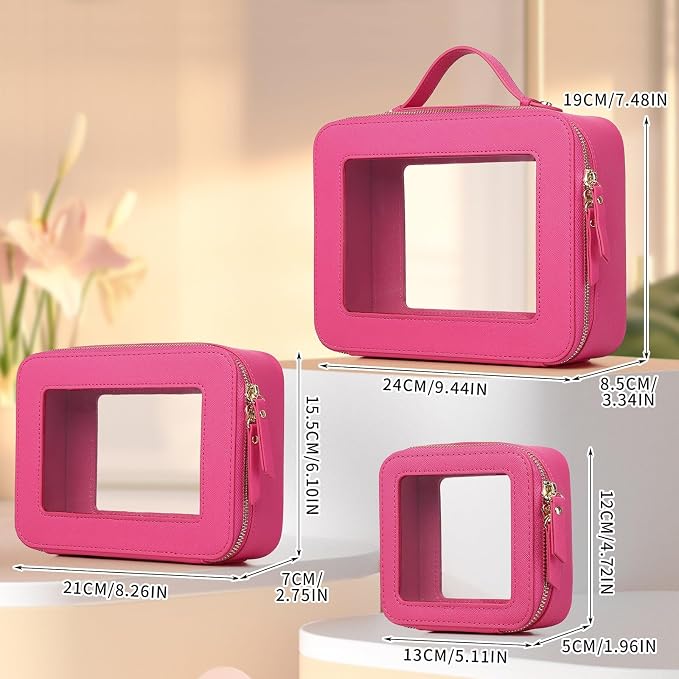Pinkmik Clear Makeup Bag, (Fuxia, L+M+MINI) | Waterproof, Travel Case for Cosmetics and Toiletries, Women's Purse Organizer, Clear Car Bag with Zipper - Image 2