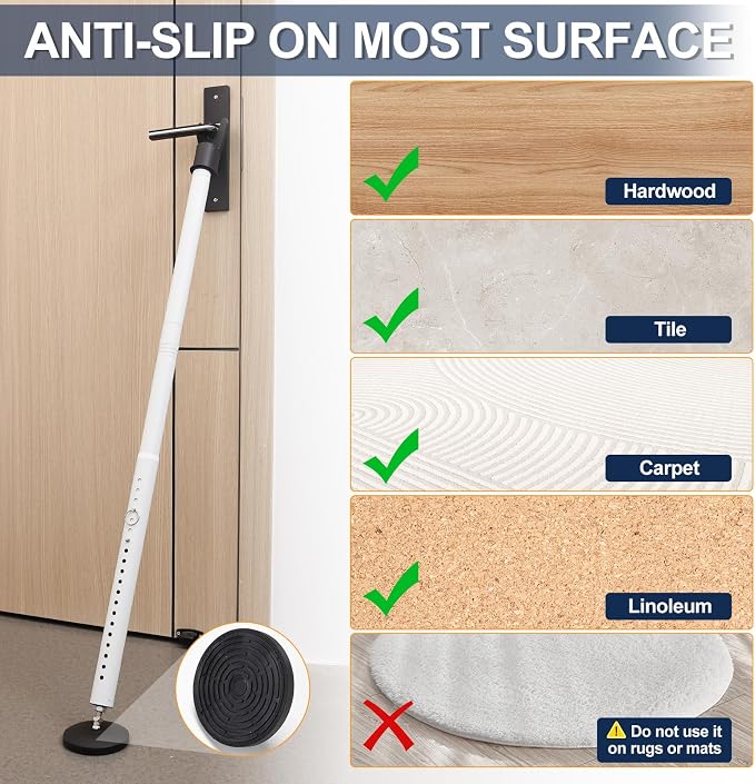 Door Security Bar, 1.25Inch Diameter Heavy Duty Security Bar with Large Rubber Base, Door Stopper for Apartment Hotel Home Travel Screen Door(1 Pack,White) - Image 3
