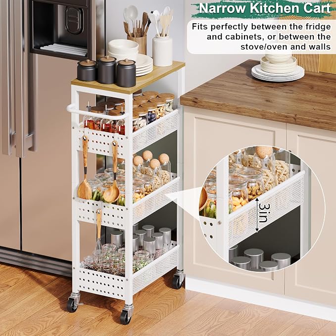 Laundry Room Slim Rolling Cart with Wheels for Between Washer and Dryer Gap | Utility Narrow Laundry Room Organization and Storage Shelves, White Skinny Shelf with Table Top,Detergent Organizer Cabinet - Image 5