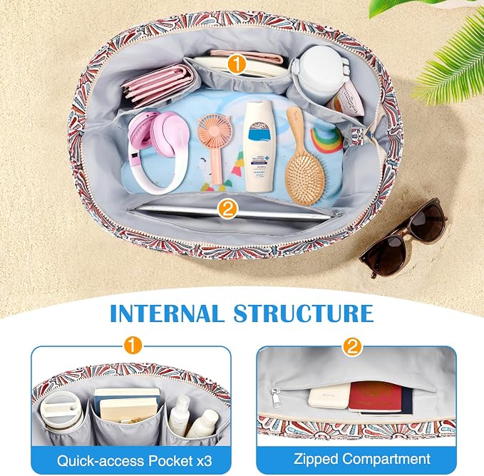 HUANLANG Large Beach Bags for Women Pool Bag with Zipper, Waterproof Sandproof Beach Tote Travel Bag with Wet Pocket - Image 5