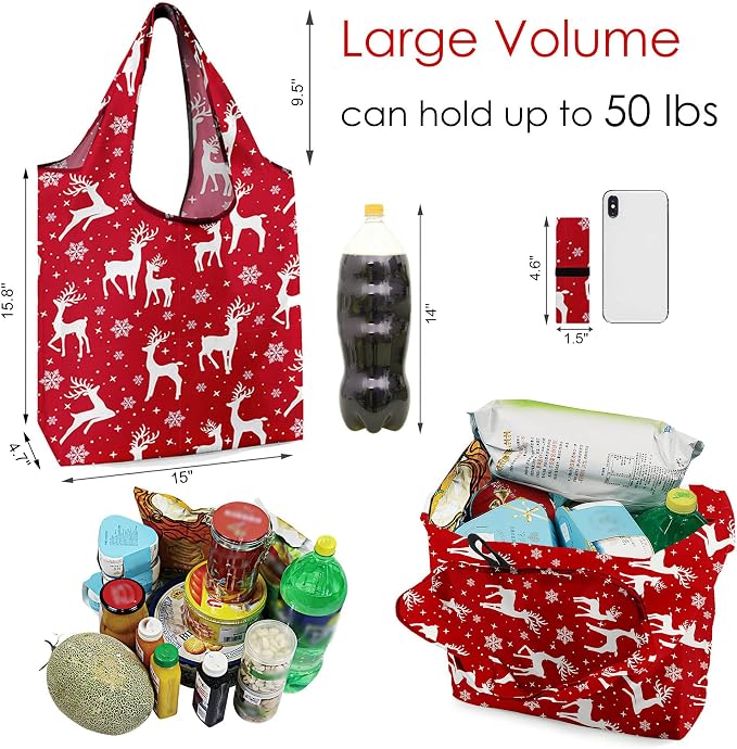 BeeGreen Christmas Reusable Grocery Bags 10 Pack Reusable Shopping Bags Bulk Christmas Gifts Tote Bags with Zipper Storage Pouch Elastic Band Foldable-Machine Washable - Image 3