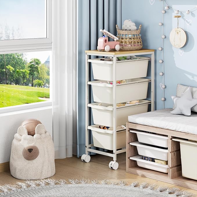 KINGBOARD Slim Rolling Cart with 4 Drawers, Metal Utility Storage Cart | Wooden Tabletop, Lockable Wheels, Table Side Trolley for Bedroom, Children's Room and Office Organization, White - Image 7