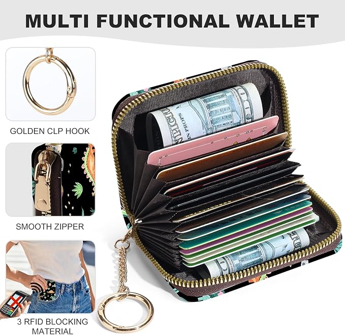 Credit Card Holder for Women,Small Rfid Wallet with Keychain Zipper,Cute PU Leather Card Case Wallet，Accordion Credit Card Wallets Gift,Little Dinosaur - Image 2
