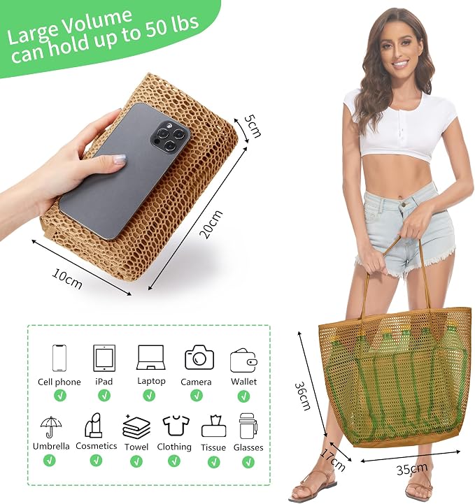 KALIDI Beach Mesh Tote Bag, Casual MAX 23L Summer Foldable Hobo Bag Women | Sandproof Widen Strap Large Shoulder Bag For Lake Pool Vacation Travel Picnic Grocery Market Shopping Carrier - Image 5
