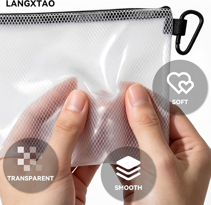 5 Pack Clear Zipper Pouches, Tool & Cable Organizer Waterproof Travel Pouch | Build In Carabiner Clip & Label Sticker, Waterproof Pouch, Mesh Zipper Pouch Bags, Tool Bag, Travel & Tech Pouch, Multi-Size - Image 6