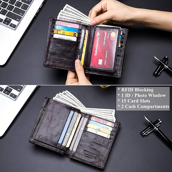 BULLCAPTAIN Large Capacity Genuine Leather Wallet for Men QB-027 | Bifold Wallet,RFID Blocking,Credit Card Holder,15 Card Slots,Special Expandable Design,gift choice - Image 3