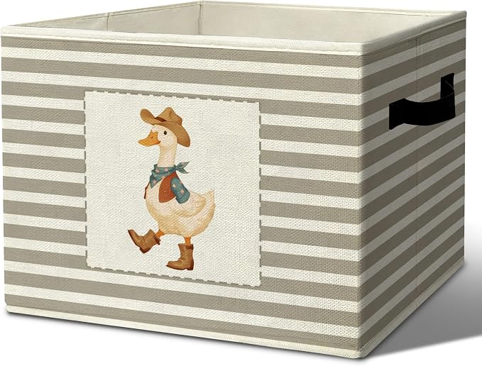 Rustic Western Cowboy Duck Storage Bins Boxes Handles | grey striped nursery foldable basket for organizing bedroom toddler playroom by Unknown
