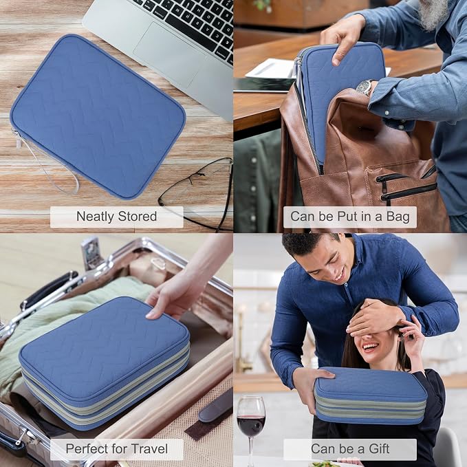 FYY Electronic Organizer, Travel Tech Pouch Bag, Extra Large, Blue Quilted | Wrist Strap, Waterproof, Double Layers Electronics Travel Case for iPad, Cord, Laptop Charger, Daily and Business Trips Use - Image 7