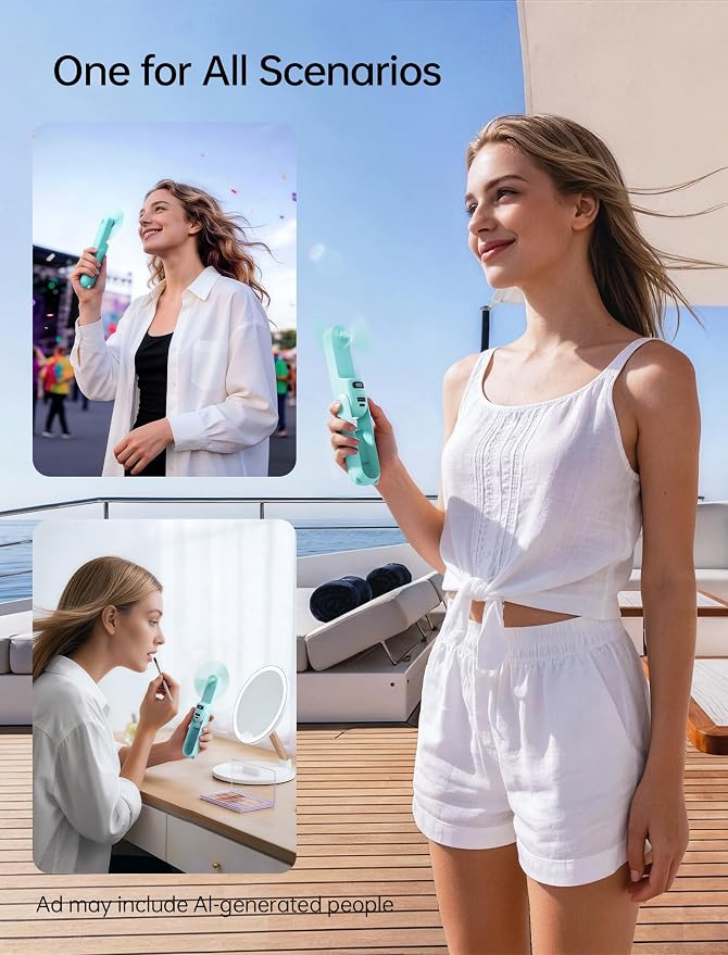 JISULIFE Portable Handheld Fan, 3 In 1-Fan, Power Bank, Flashlight, Cyan | Mini Cooling Essential for Outdoor, Small, On-the-Go Pocket Hand Design, 24 Hours, Auto Shut-Off Safety Soft Blade - Image 7