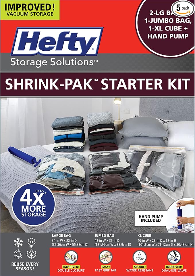Hefty Shrink-Pak Starter Kit - 2 Large, 1 XL Cube, 1 Jumbo Vacuum Seal Storage Bag and Hand Pump – Space Saver Bags for Clothing, Pillows, Towels, or Blankets, 5 Pc Set by HeftyShrinkPak