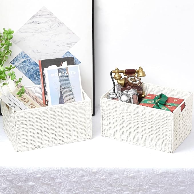 Wicker Storage Basket, Set of 2 Hand-Woven Paper Rope Wicker Basket, Large Storage Baskets for Organizing, Foldable Large Cube Storage Organizer Bins for Shelves (White) - Image 5