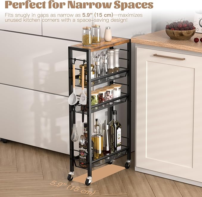 Narrow Storage Cart with Wheels,4-Tier Narrow Kitchen Carts Slim Rolling Cart,Skinny Storage Cart for Small Spaces,Rolling Utility Cart for Livingroom,Diningroom,Office,Laundry Room,Bathroom - Image 2