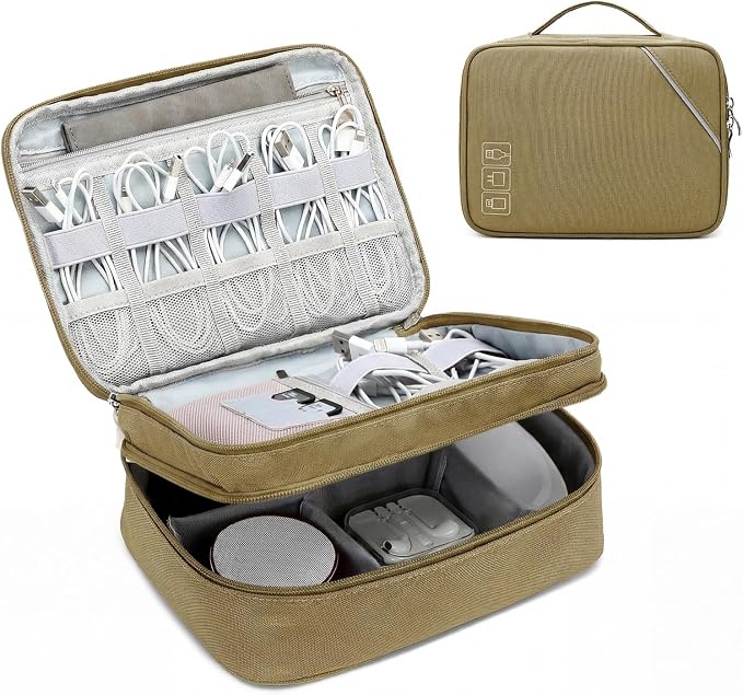 Lanola Electronic Accessories Case,Electronics Travel Organizer, Portable Double Layer Cable Storage Bag for Cord, Charger, Flash Drive, Phone, SD Card,Flash Drive,Adapter - Brown by Lanola