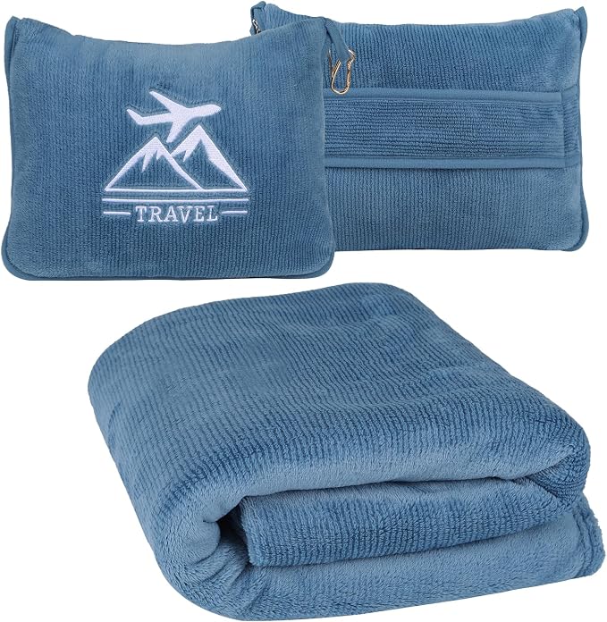 Ribbed Flannel 2-in-1 Travel Blanket and Pillow, Ultra Soft Compact Airplane Blanket with Hand Luggage Belt and Backpack Clip, Travel Essentials Gifts, 63x40 Inches（Blue） by Unknown