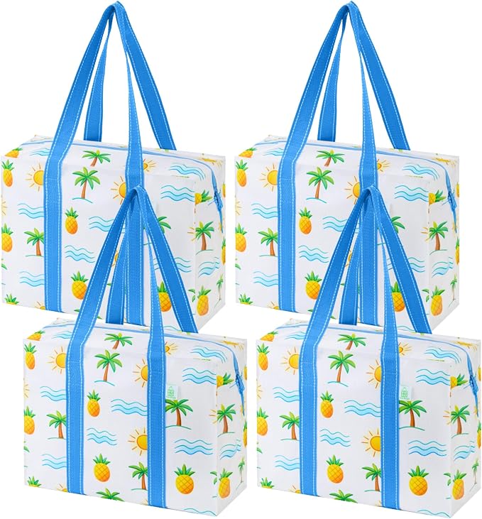VENO 4 Pack Utility Tote Reusable Grocery Bags with Zipper & Hard Bottom | Heavy Duty Foldable Water-Resistant Shopping Bags for Summer Beach, Pool, Picnic & Travel Carry-on (Tropical Island, 2 Pack) by Veno