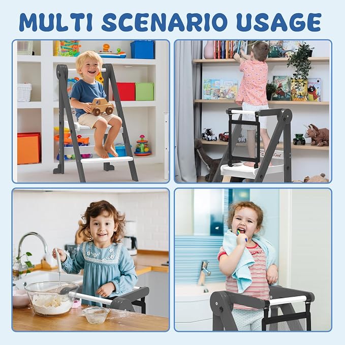 Foldable Toddler Tower, 3 Adjustable Height, Toddler Kitchen Stool Helper | Wooden Standing Tower with Safety Net ,Safety Feet,for Kitchen, Bathroom, Study Room,Offer Customer Service - Image 8