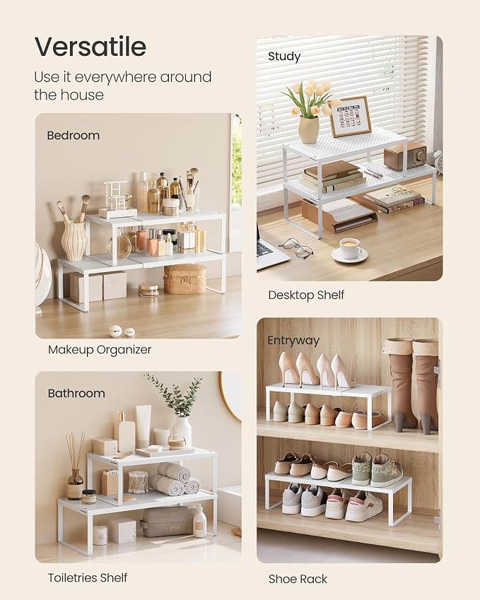 SONGMICS Spice Rack, Expandable Kitchen Countertop Shelf, Steel | Set of 4 small cupboard organizers, space-saving tabletop shelves, Matte White, UKCS404WC01 - Image 5