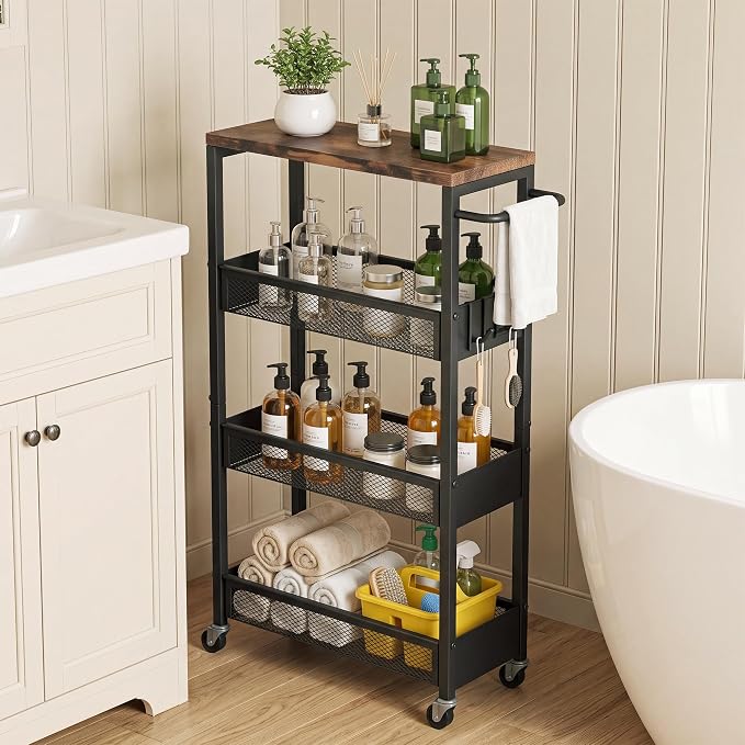 Vincona 7.1" Wide Slim Rolling Utility Cart, 4 Tier Metal Narrow Storage Cart with Handle and Wood Top, Multifunctional Small Mobile Shelf Unit Organizer Trolley for Laundry, Bathroom, Kitchen by Vincona