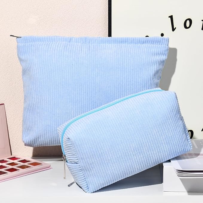 SOIDRAM 2 Pieces Makeup Bag Large Corduroy Cosmetic Bag Capacity Canvas Mix Travel Toiletry Bag Organizer Cute Makeup Brushes Aesthetic Accessories Storage Bag for Women, Corduroy Mix Blue - Image 2