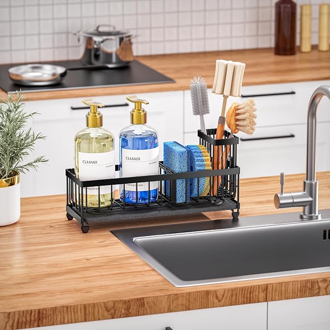 Cisily 10.62'' Sponge Holder for Kitchen Sink, Sink Caddy Organizer with High Brush Holder, Kitchen Countertop Organizers and Storage Essentials, Rustproof 304 Stainless Steel (Black with Stone Tray - Image 7