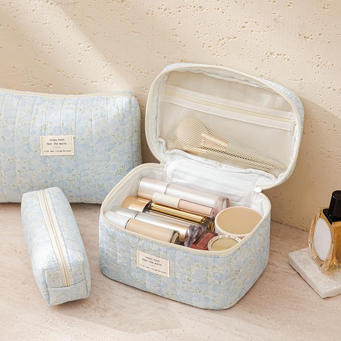 HBselect Quilted Makeup Bag, 3Pcs Cotton Large Travel Makeup Bags Organizer | Cute Floral Make up Bag Cosmetic Bag Toiletry Bag for Women Girls, Makeup Pouch for Skincare, Brushes & Travel Essentials - Image 2