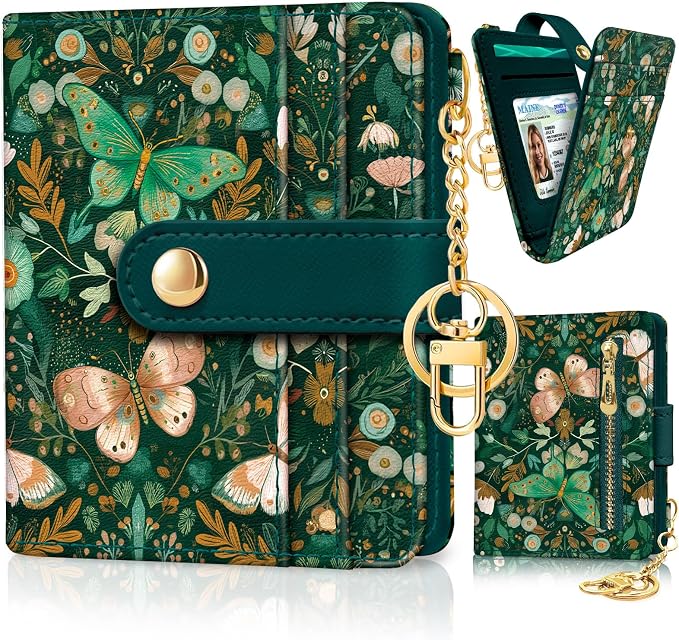 Jogjam Butterfly Green Rfid Women Wallet, Small Slim Credit Card Holder | PU Leather Bifold Cash Zipper Coin Pocket ID Window, for Female Ladies Teen Girls Girly Gifts by Jogjam