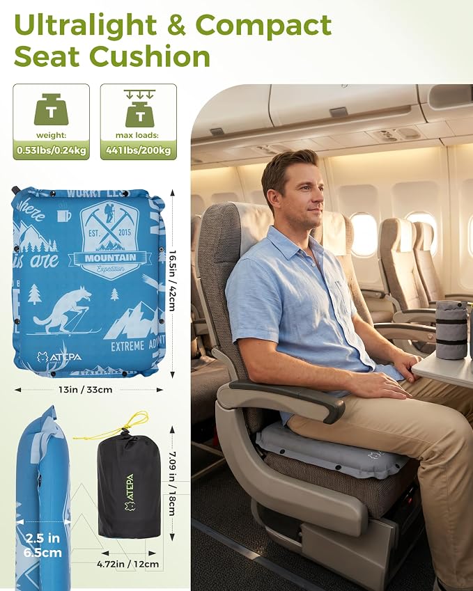 ATEPA Inflatable Seat Cushion | 2" & 2.5" Foam Core Seat Pad, Self Inflating, Compact, Stadium, Airplane, Travel, Camping, Hiking, Sports events - Image 2