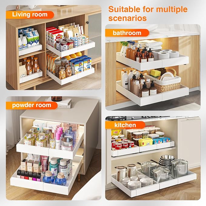Pull Out Cabinet Organizer Expandable 12.6"-20.4"Wx 21"Deep,1 Pack | Upgraded 3 Quiet Slide Rails, Nano-Film Adhesive Fixing, White, Fit Kitchen/Living Room/Bathroom/Vanity - Image 6