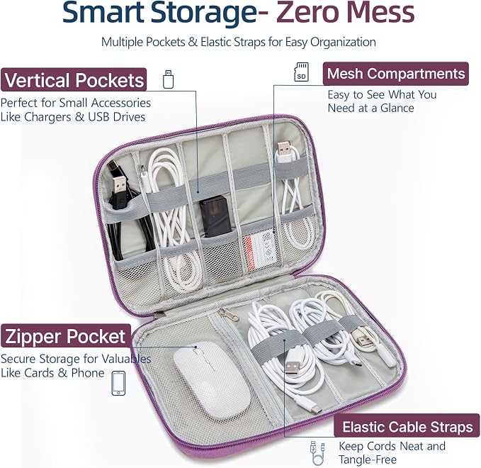 Cable Organizer Bag, Electronics Case for Cords, Chargers & Tech | Organize cables, chargers and power banks with elastic loops, mesh pockets and a slim design for travel. - Image 2