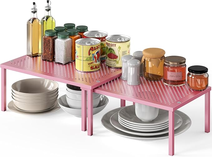 Simple Houseware Expandable Stackable Kitchen Counter Shelf Organizer, Pink, Metal Top, 11.25 in L x 7.9 in W x 5.4 in H | Expandable & Stackable 9" D x 12.75" W x 5.9" H by SimpleHouseware