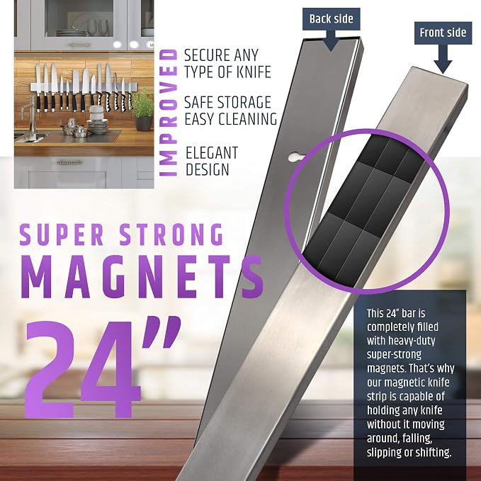 24 Inch Heavy-Duty Magnetic Knife Holder for Wall (Large Size) - Premium Stainless Steel Magnetic Knife Strip - Professional Space-Saving Knife Bar With Powerful Magnetic Pull Force (Upgraded Version) - Image 4