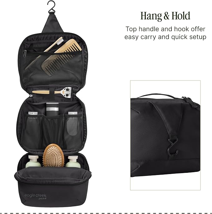 Eagle Creek Pack-It Trifold Toiletry Kit, Black | Dopp Kit Toiletry Organizer with Padded Interior, Durable Hanging Hook and Large Compartments, Water-Resistant and Washable - Image 5