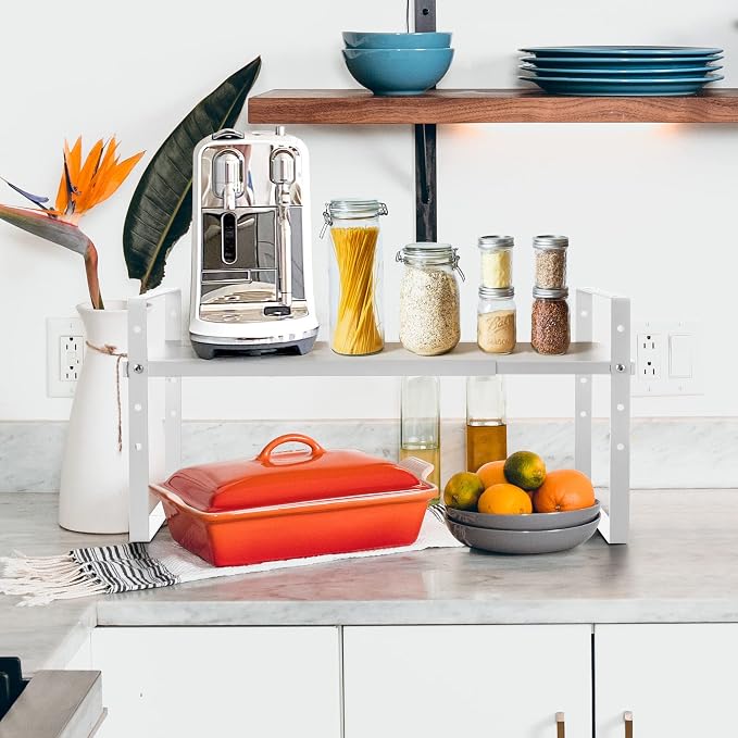 Across-Star Expandable Cabinet Shelf Organizer Rack, Stackable Kitchen Counter Storage Shelves Stand, Adjustable Height Pantry Shelf Spice Rack (White, 1 Pack) - Image 2
