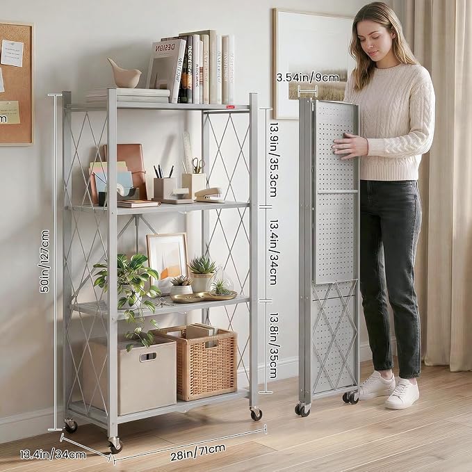 DEANIC 4 Tier Foldable Storage Shelves with Wheels, Large Capacity Shelving Unit, Freestanding Metal Wire Shelf Rack, No Assembly Organizer Rack for Garage Kitchen, Basement, Pantry(Grey Pack of 2) - Image 3
