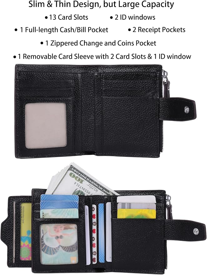 Women's RFID Blocking Leather Small Compact Bi-fold Zipper Pocket Wallet Card Case Purse with id Window - Image 2
