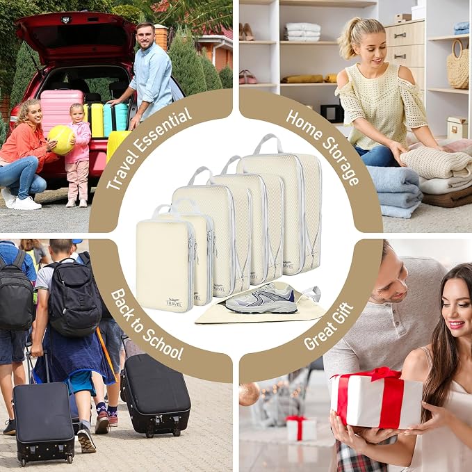 6 Set Compression Packing Cubes, Suitcase Organizer, Lightweight Travel Essentials, Compression Bags For Travel Accessories Luggage Storage Set (6Pcs, Beige) - Image 7