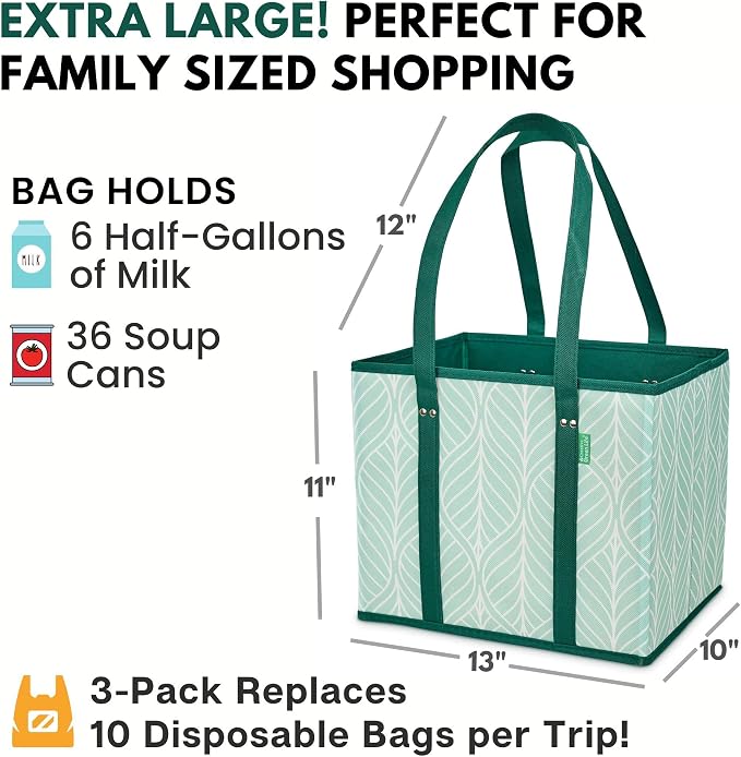Reusable Grocery Bags (3 Pack) – Heavy Duty Reusable Shopping Bags for Groceries with Box Shape to Stand Up, Stay Open, Fold Flat – Large Tote-Bag is Foldable with Long Handles & Hard Bottom (Green) - Image 4