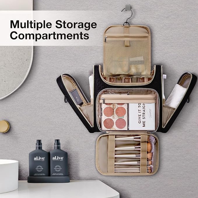 BAGSMART Women's Travel Toiletry Bag, Water-resistant Large Capacity, Black | Cosmetic Makeup Bag, Door Room Essentials Travel Organizer for Full Sized Toiletries and Cosmetics - Image 2