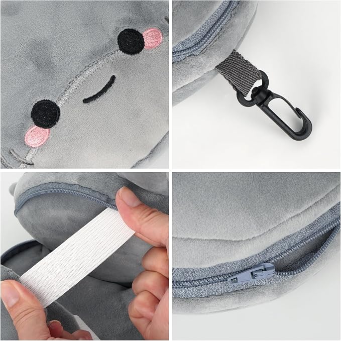 U Scinan Cute Animal 2-in-1 Travel Pillow and Eye Mask – Portable Neck Pillow with Adjustable Strap, Soft Plush Support for Airplane, Car, Train(Shark) - Image 5