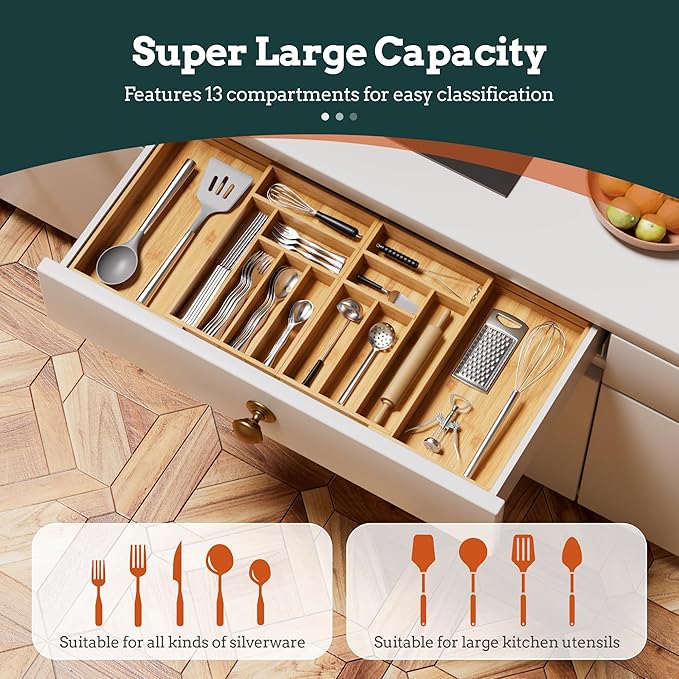 Silverware Organizer Large, Magnetic Connected Expandable 13 Slots Silverware Drawer Organizer From 21 to 37.4 Inches, Adjustable Flatware and Cutlery Holder, Bamboo Utensil Tray for Kitchen Natural - Image 2