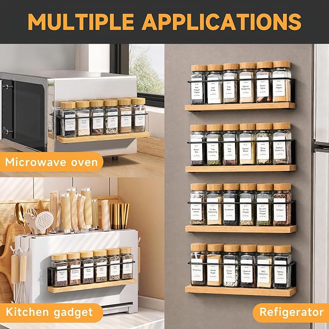 Bamboo Magnetic Spice Rack for Refrigerator, Space Saving Complete Set with 24 Bamboo Lid Glass Jars, 216 Waterproof Labels & Steel Funnel, Fridge Spice Organizer, 11.6" W x 2.4" D x 3.2" H - Image 4