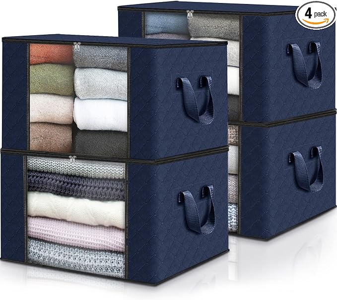 4 Pack Storage Bags for Clothes Blanket Storage Bins with Lids | Foldable Closet Organizers with Zippers,Window and Handles,Fabric Storage Bins for Sweater,Comforter,Bedding,Dorm essentials by Fabtotes
