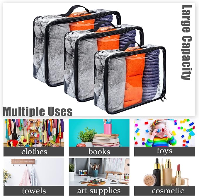 Hillban 6 Pcs Black Large Clear Travel Packing Cube 3 Sizes See Through PVC Organizer for Suitcase Multipurpose Pouch with Handle Vinyl Zippered Storage Bags Luggage Cube Organizer - Image 7