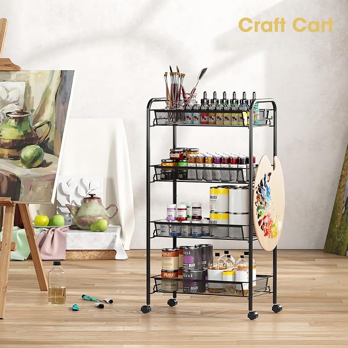 TOOLF 4-Tier Rolling Cart, Metal Utility Cart with 3 Hooks, Easy Assemble Mobile Storage Trolley On Wheels, Metal Shelving Units Kitchen Bathroom Laundry Room - Image 2