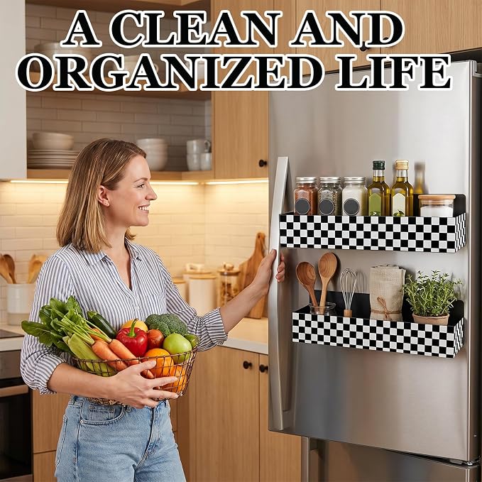 Beeveer 2 Pcs Magnetic Spice Rack for Refrigerator, Checkered | Black and White, Farmhouse Retro Kitchen Decor Accessories, 2 Sizes Metal Storage Shelf for Fridge Spices, No Drilling. - Image 4